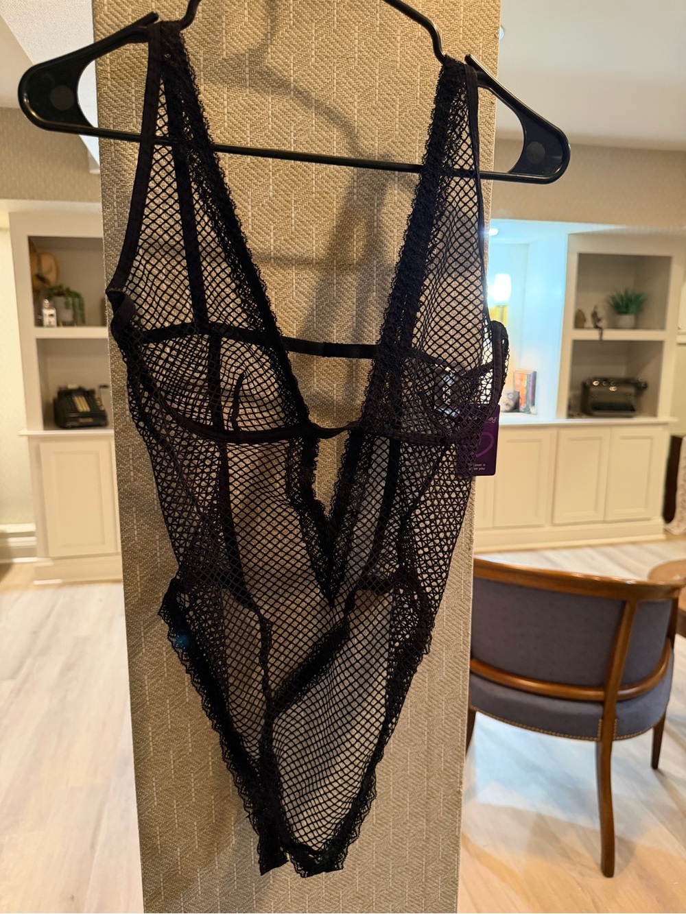 NWT Lovehoney Black Fishnet & Lace Plunging Teddy Bodysuit - One Size (O/S)